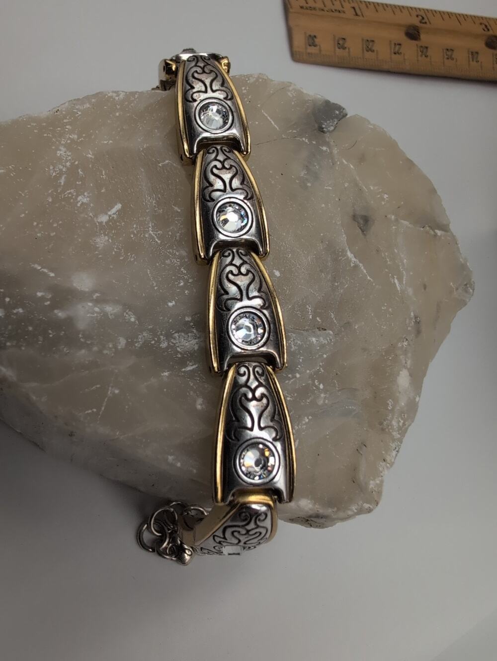 Brighton Two Tone Silver Gold Tone Filigree Link Bracelet Clear Crystal Heart